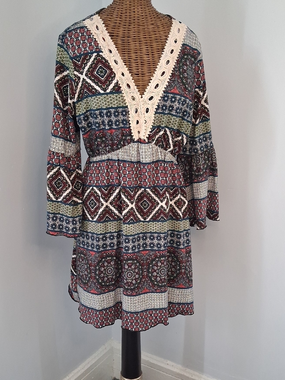 Banana Lemon Crochet-Trim Boho Print V-Neck Dress in Burgundy and Navy